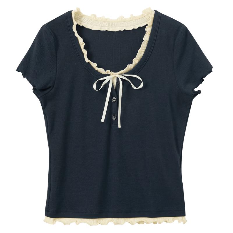 Sancai 2026 Summer Ruffle Trim Tie-Waist Layered Short Sleeve T-Shirt
