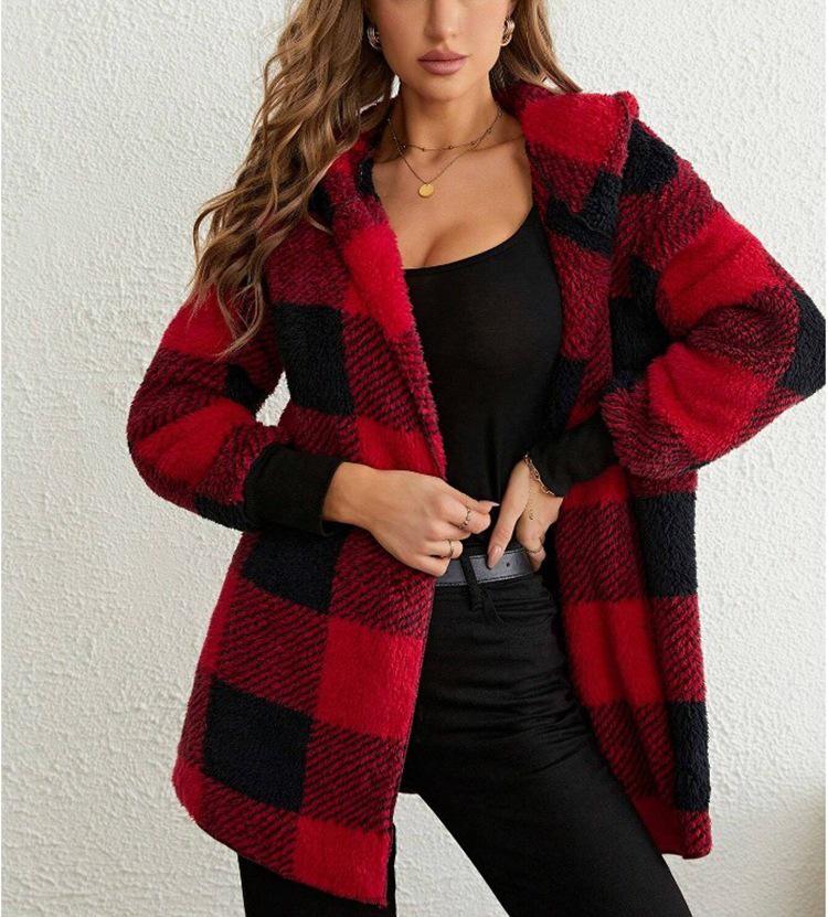 Women's Autumn/Winter Hooded Plaid Plush Cardigan Jacket