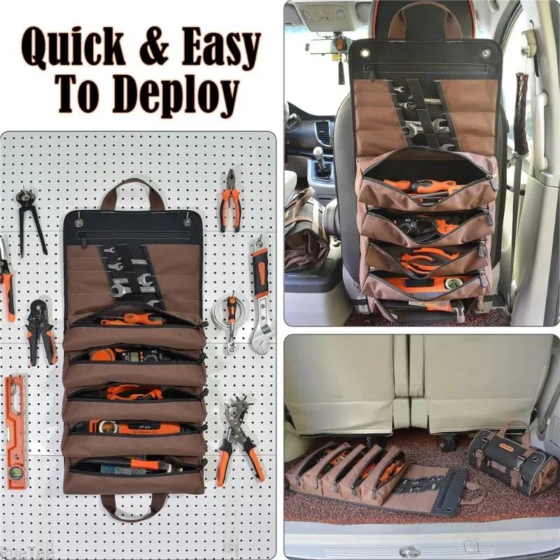Heavy Duty Waxed Canvas Tool Roll Up Bag, 15-Pockets Professional Organizer for Mechanic Electrician, Waterproof Tool Wrap