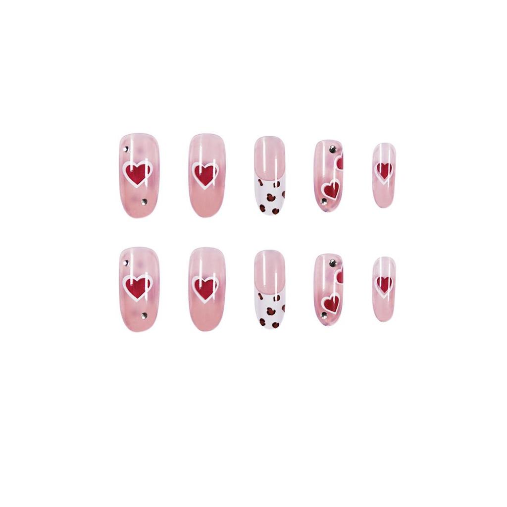 Ice-Transparent Nude Cow Print Love Heart False Nails - Waterproof, Removable, and Ready-to-Wear Nail Art Stickers.