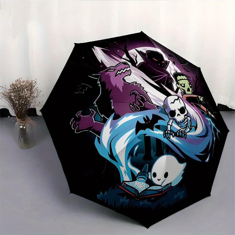 1pc Halloween Horror Friends Automatic Opening Umbrella - Portable 3-Fold Design, 8 Ribs Outdoor Umbrella, Festival Gift for Fans, Travelers, Dai