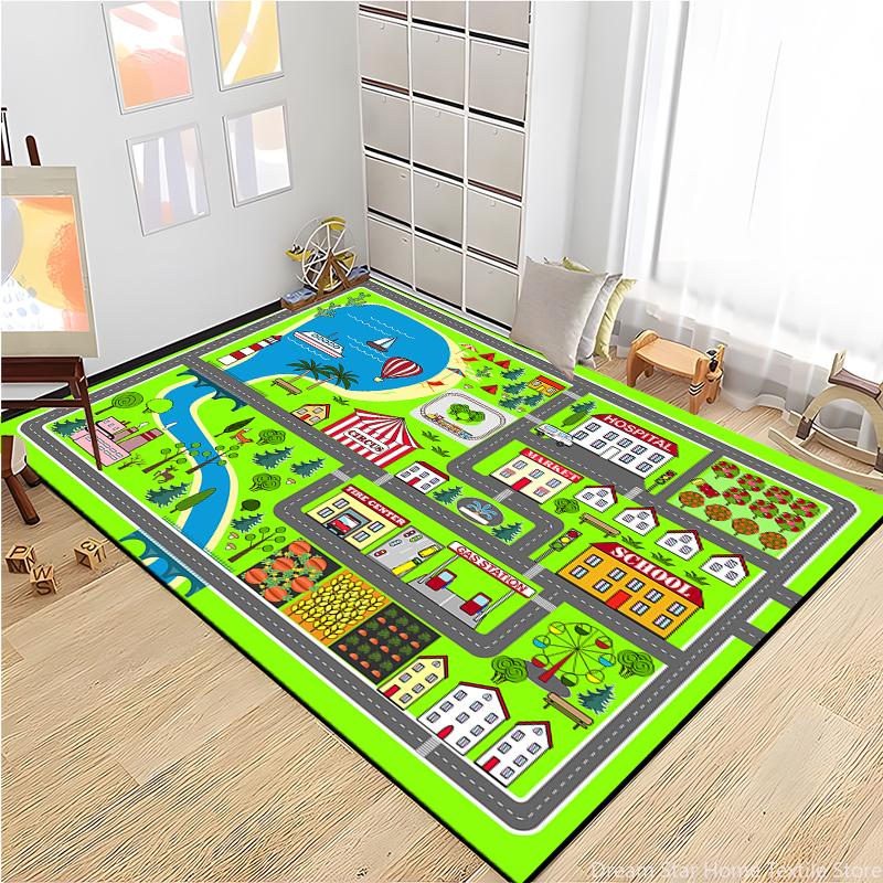 Kids Road Traffic Carpet Cartoon Car Toys Area Rug for Boys Girls City Life Educational Rugs Baby Room Bedroom Nursery Play Mat