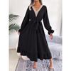 Women's Autumn-winter Style V-neck Lace Pinched Waist Long Dress