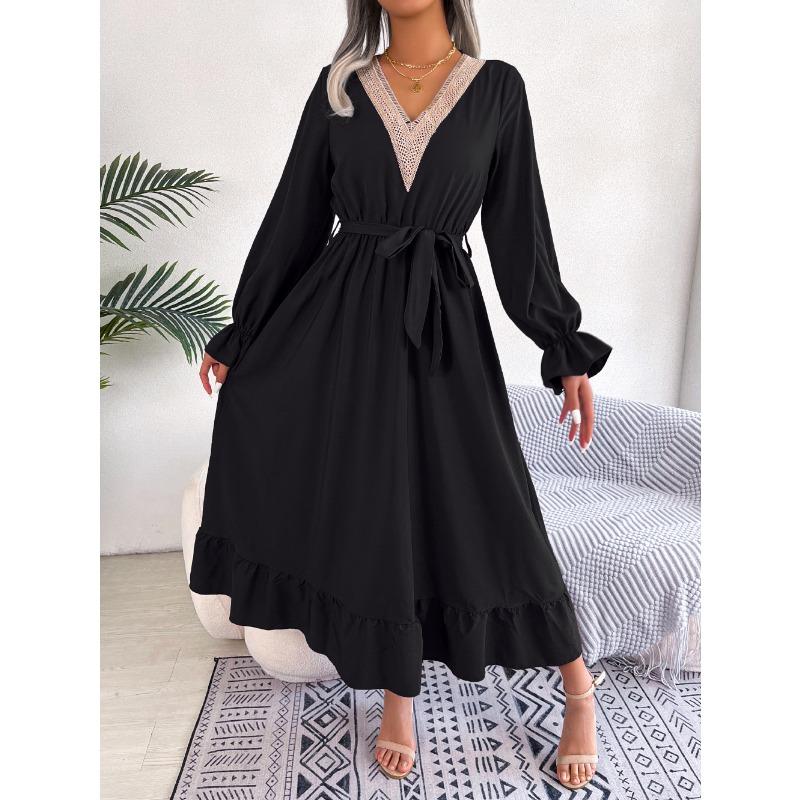 Women's Autumn-winter Style V-neck Lace Pinched Waist Long Dress