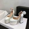 2025 Women'S High Chunky Platform Closed Toe Block Heels Square Toe Ankle Strap Dress Wedding Party Prom Pumps Shoes
