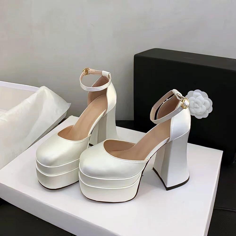 2025 Women'S High Chunky Platform Closed Toe Block Heels Square Toe Ankle Strap Dress Wedding Party Prom Pumps Shoes
