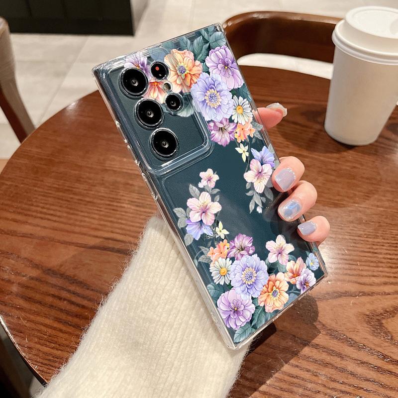 Luxury Flower Pattern Phone Case For Samsung Galaxy S26 S25 S24 S23 Ultra S22 Plus S24 S21 FE S25Edge Transparent TPU Soft Cover