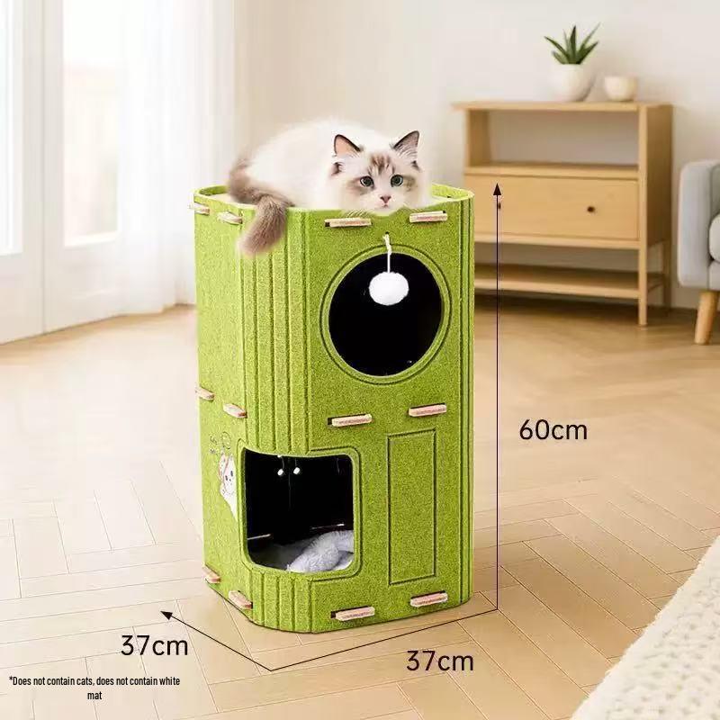 All-Season Wear-Resistant Multi-Layer Cat Tree with Scratching Board and Enclosed Cave.