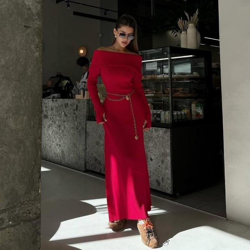 Off Shoulder Casual Dress Knitwear Maxi Dress Female Slim Elegant Fashion Autumn 2025 Ribbed Knit Dress For Women Long Dress