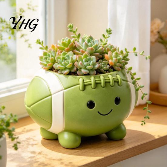 Creative Garden Ornament Rugby Ball Succulent Planter, Resin Small Flower Pot with Feet, Weatherproof Decor Cute Smiling Plant for Indoor Outdoor Home