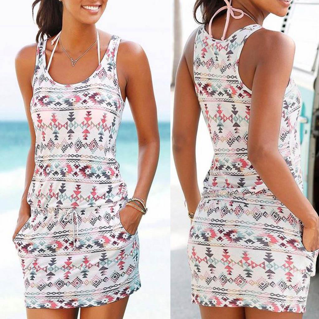 Buy AIKA Womens Casual Bohemian Sleeveless Printed Pockets Above Knee Dress Party Dress at