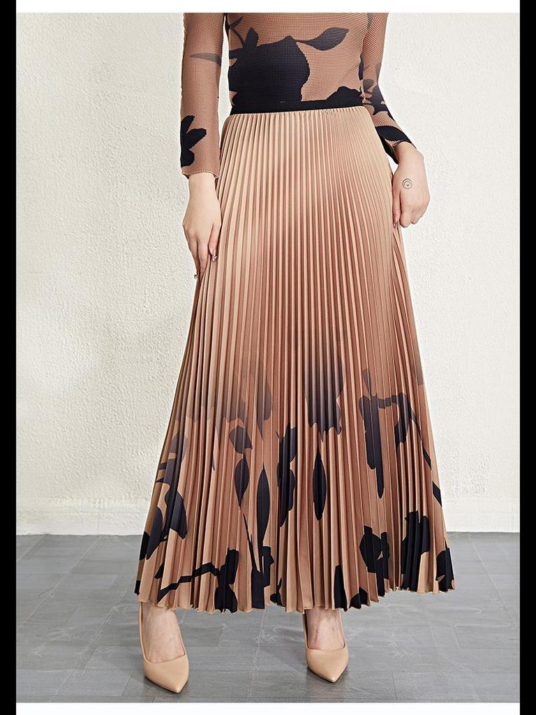 Miyake Women's Stylish Printed Two-Piece Suit: Elastic High-Waist A-Line Skirt & Pleated Top