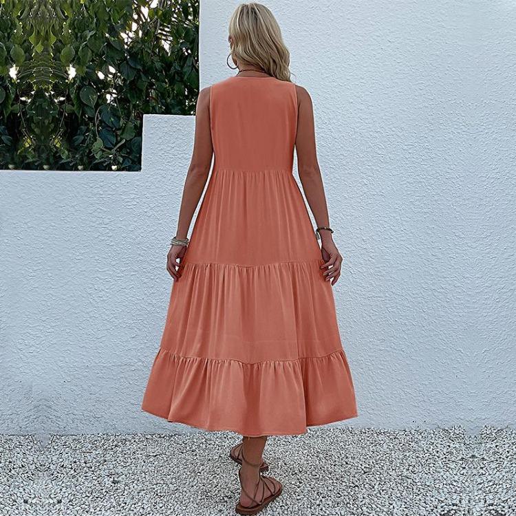 Robe d'été pour femme, coupe trapèze, longueur genou, sans manches, couleur unie, col en V