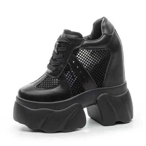 

12CM Women Summer Air Mesh Genuine Leather Shoes Vulcanize Platform Wedge Microfiber Ultra Platform Wedge Hollow Slides Sandals 34