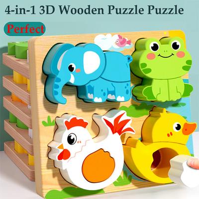 4-in-1 Holzspielzeug 3D Holzpuzzle Cartoon Tiere Kognitives Puzzlespiel Frühes Lernen Lernspielzeug für Kinder Geschenk