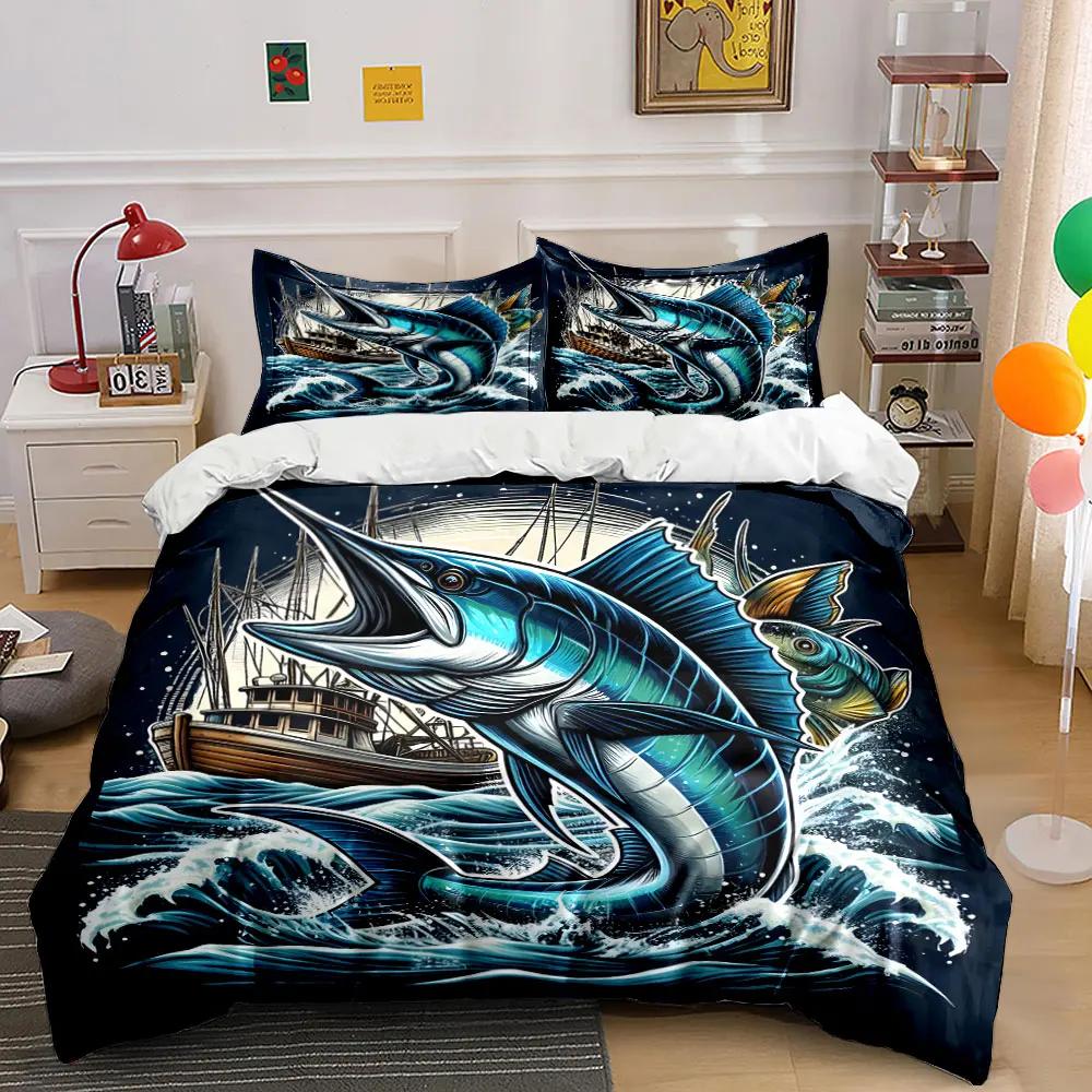"Fishing-Themed Nautical Decor Set" Multiple sizes kid's and adults' bedroom Exquisite 3PC bedding set, gift