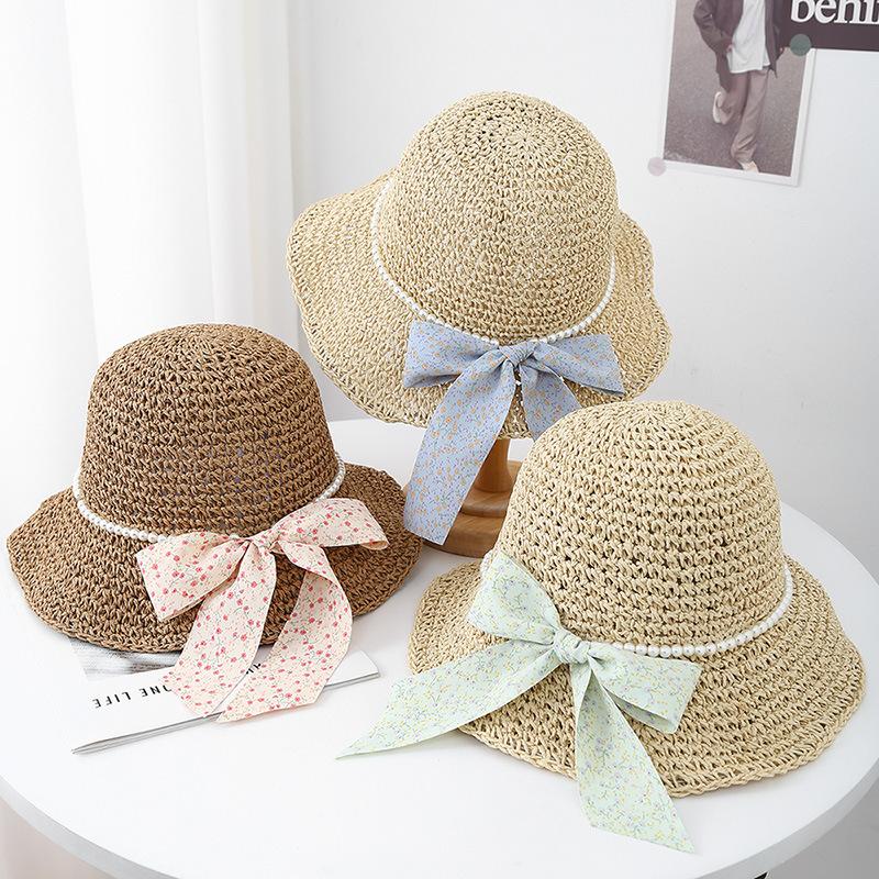 Sun Hat Women Summer French Style Straw Wide Brim Beads Chain Beach Hat Lady Adjustable Foldable Sunhat New Foldable