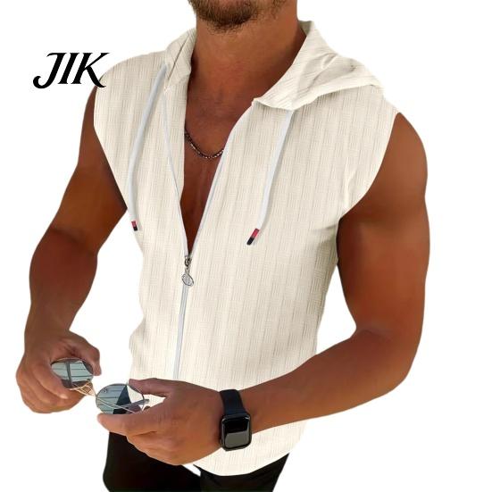 Zip Front Men Shirt Hooded Zip-up T-Shirt Jacquard Sleeveless Hoodie Tee Stylish T-shirt for Textured Summer Tank Top Gym Street Party Holiday Casual S абрикосовый