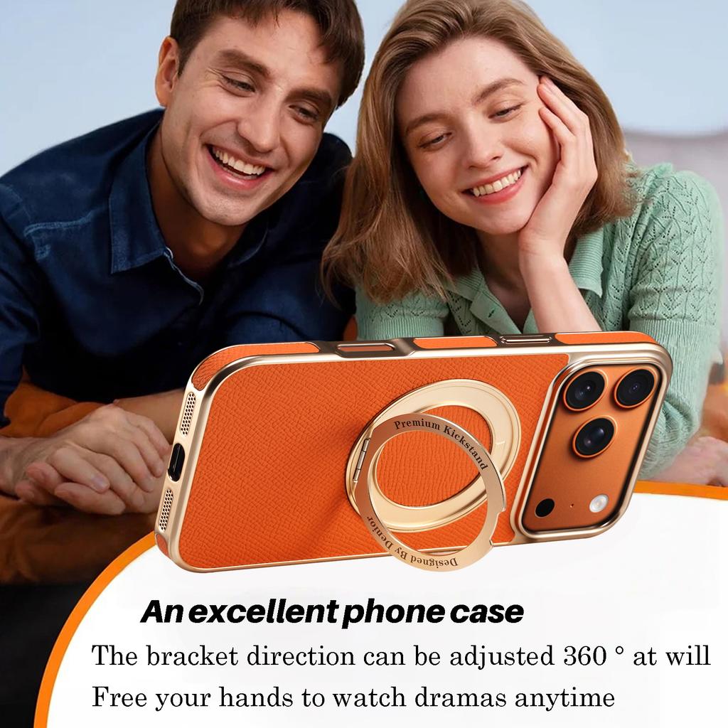 360 Rotating Magnetic Genuine Cowhide Leather Phone Case for iPhone 17 Pro Max 16 Plus 15 14 13 for Magsafe Kickstand Cover