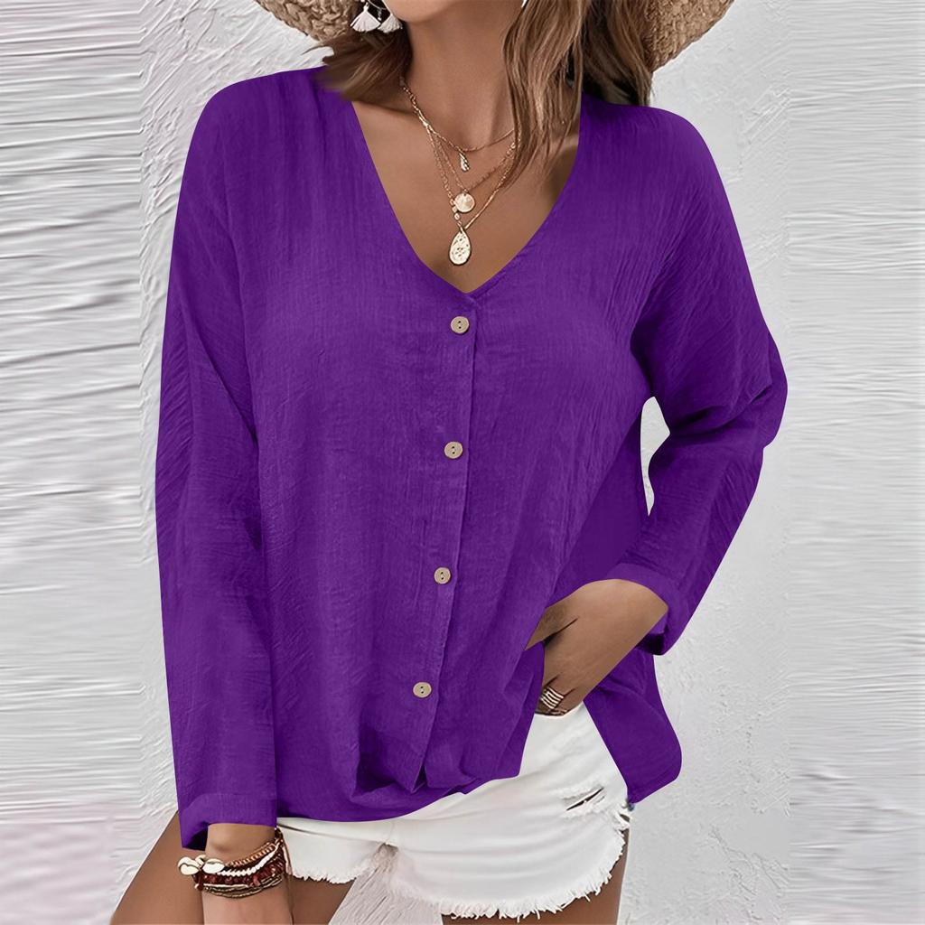 Women's Fashion Casual Solid Color V-Neck Live Button Long Sleeve T-Shirt Top