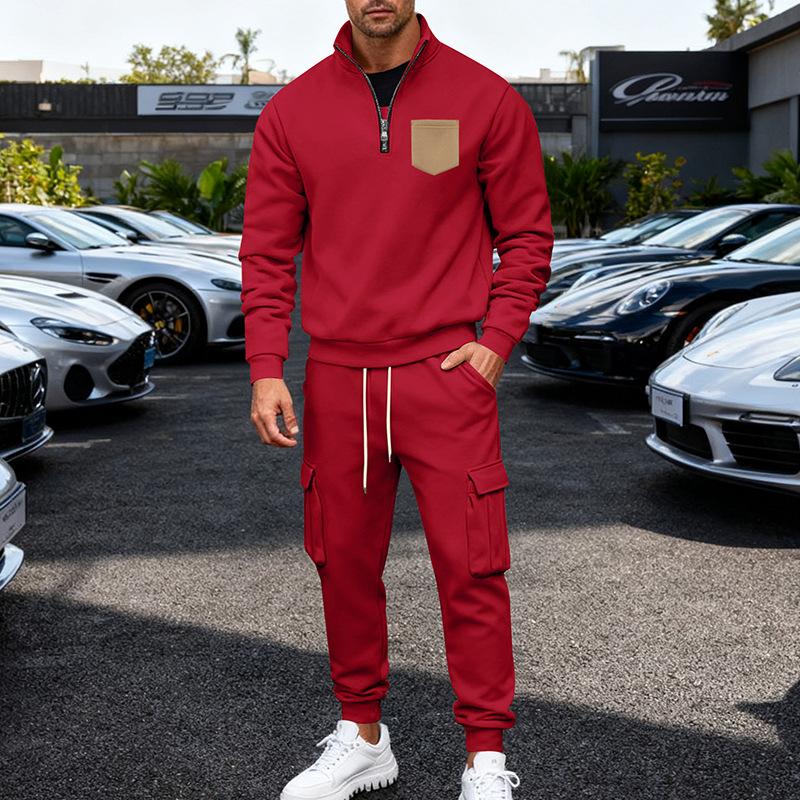 Autumn/Winter Heavyweight Men's Oversized Fleece-Lined Workwear Commuter Stand-Collar Sweatshirt & Workwear Sweatpants Two-Piece Set