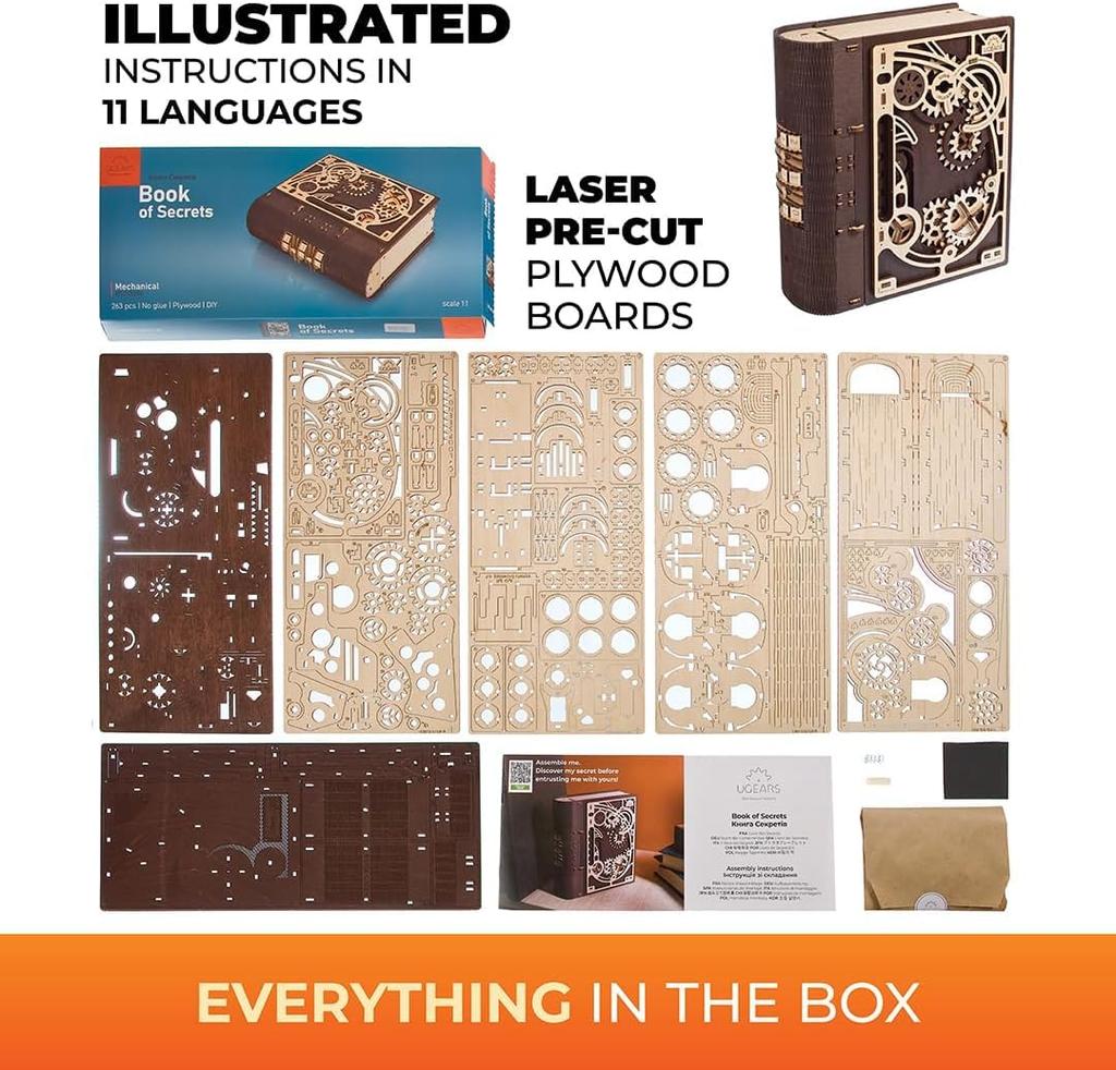 Ugears Księga Sekretów Puzzle z Zamkiem Szyfrowym Drewniane Puzzle Model Rzemieślniczy Nie Wymaga Kleju ani Narzędzi