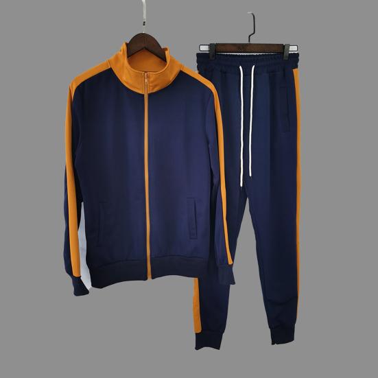 2Pcs/Set Stand Collar Long Sleeve Multi Pockets Zipper Placket Jacket Sweatpants Set Men Autumn Striped Patchwork Slim Tracksuit Outfit