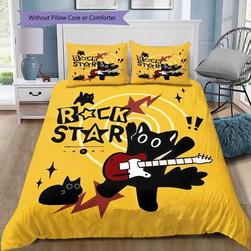 Rock Star Cat 3PCS Bedding Set, Duvet Cover with Pillowcases, No Comforter, Cute Black Cat Playing Guitar Bed Linen 135x200cm