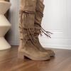 Soft leather version~ retro wasteland wind fringed knight boots thick heel but knee long boots popular pile medium boots women