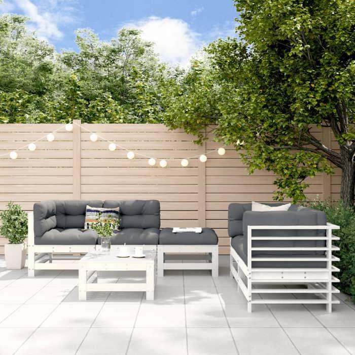 VidaXL Salon de Jardin 6 pcs, Canapé avec Repose-pied, Ensemble de Meubles avec Table Basse Patio Terrasse, Rustique, Blanc 3186201