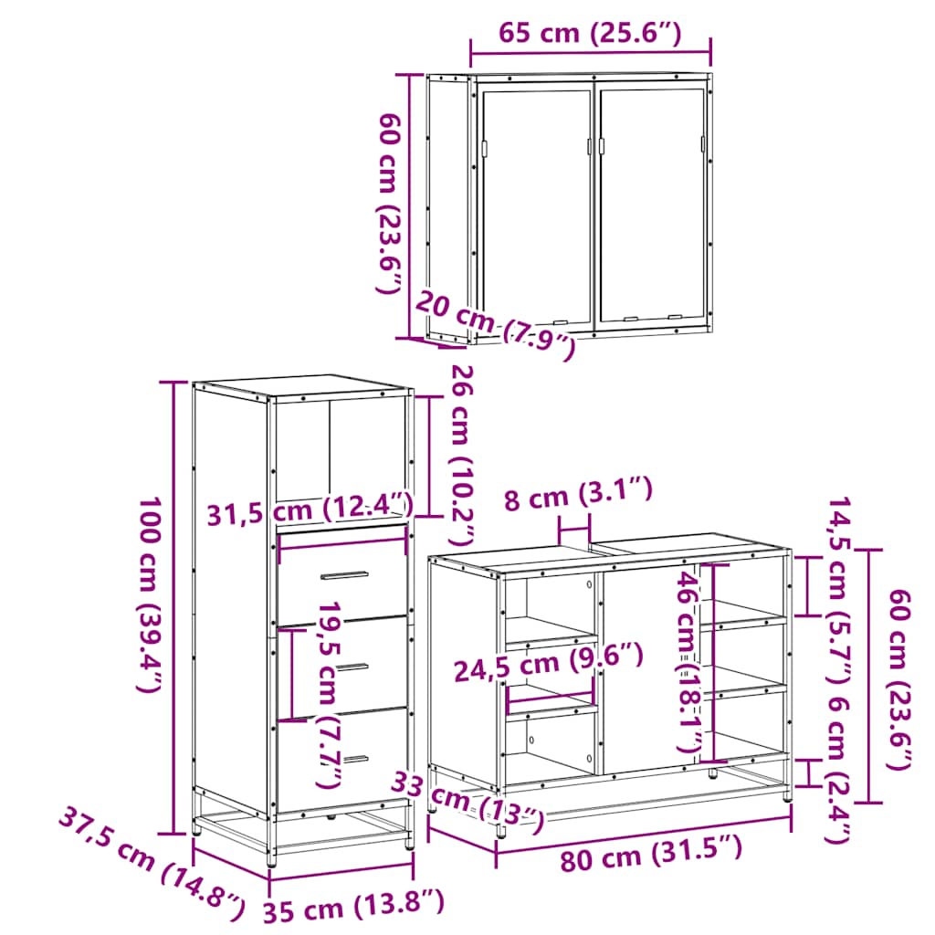 3 Piece Bathroom Furniture Set Grey Sonoma Particleboard