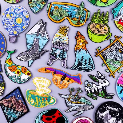 Wilderness Patch Aufbügler Patches auf Kleidung Bär Wolf Stickerei Patches für Kleidung Streifen Abzeichen Welle Wal Patch für Kleidung
