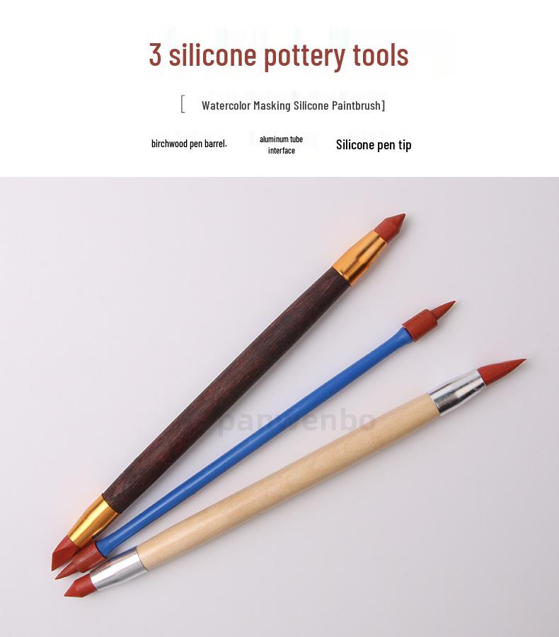Ceramics 3 Silicone Brush Set with Wooden Penholder & Eraser for DIY Clay Crafting