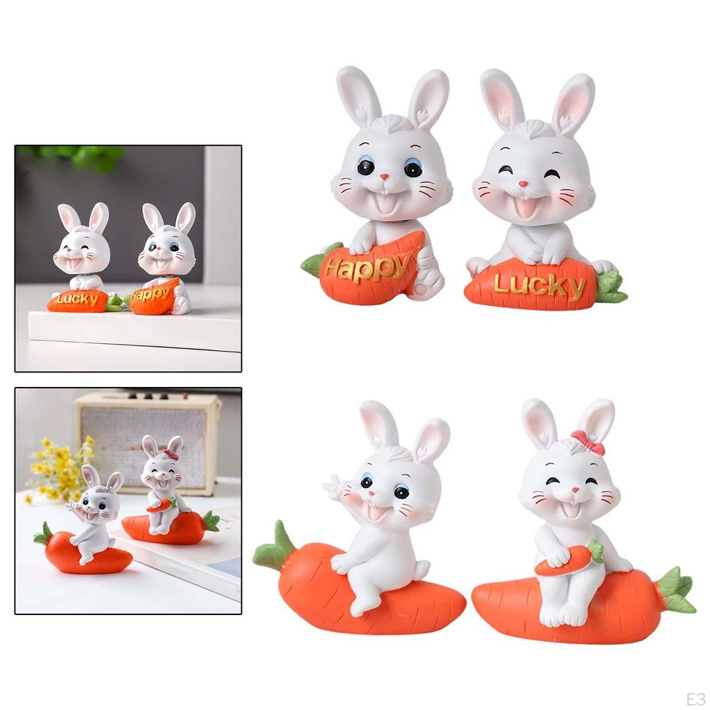 2 Carrot Bunny Figurines, Rabbit Decoration, Animal Figures, Miniature Couples Statues for