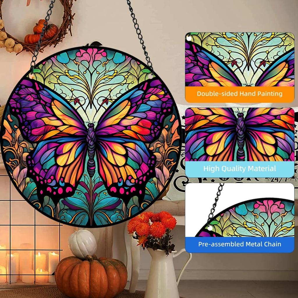 HOTIYOK Colourful Butterfly Stained Acrylic Window Hangings Cute Ornaments Wall Art Decor for Home Coffee Bar, Birthday Party Decorations