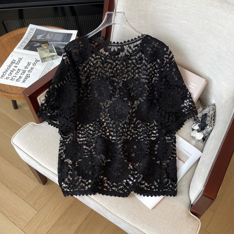 

DIMANAF 2025 Новая футболка Женская Вязание Кружево Круглый вырез Ажурный Летний стиль Базовые топы Футболки Свободная одежда One Size чёрный