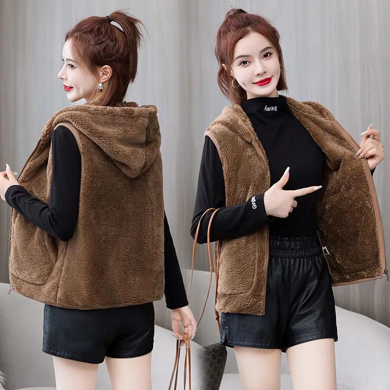 Autumn and Winter Women's Sleeveless Plus Size Vest Loose Casual Vests Loose Thickened Vest Double-sided Fleece Vest Women's Hooded Fleece Vest