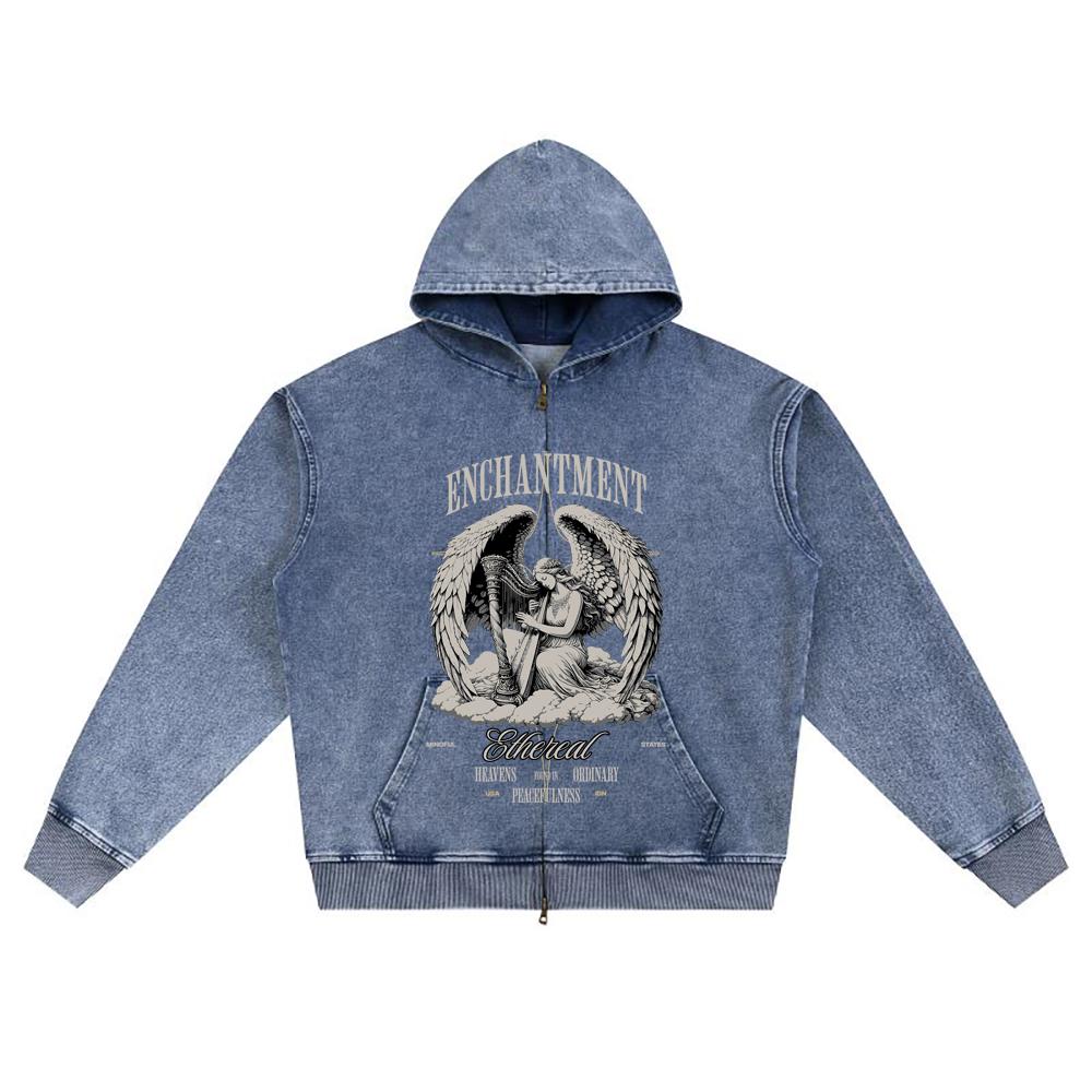 DTG Print Knitted Denim Zip-Up Hoodie Angel Streetwear Brother Print Zipper Hoodies