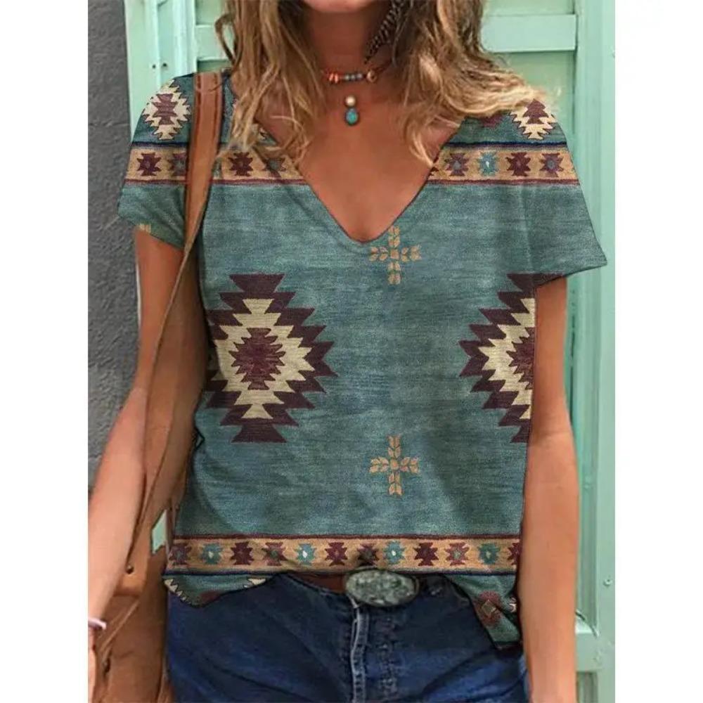 Summer 3d Printed T-shirt Women's Ethnic Style Retro Street T-shirt Women's V-neck T-shirt Quick-drying and Breathable