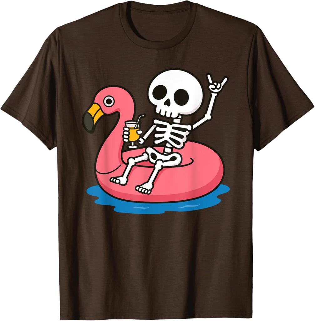 Skelett schwimmt auf Flamingo aufblasbarem Ring Sommerurlaub Grafik T-Shirt Lässiges Kurzarm Rundhals T-Shirt