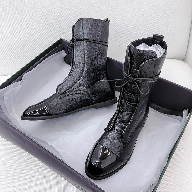 

Модные женские сапоги с острым носком, женские туфли из телячьей кожи на низком каблуке, повседневные короткие зимние женские теплые сапоги со шнуровкой 35 чёрный