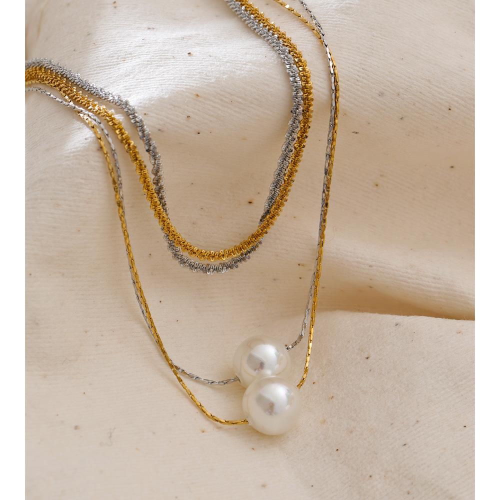 Yhpup Stainless Steel Double-Layer Simulated Pearls Pendant Necklace Korean Style Chic Daily Charming Jewelry Accessories Gift
