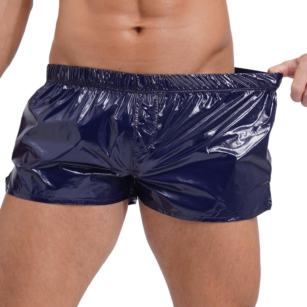 Pánské šortky s nízkým pasem, design s bočním rozparkem, jednobarevné, slim fit, lesklé trenýrky, plavky na plážovou párty u bazénu