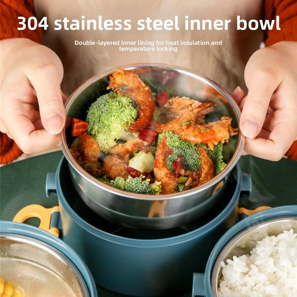 304 Stainless Steel Insulated Circular Lunch Box Double Layered Compartment Lunch Box Canteen