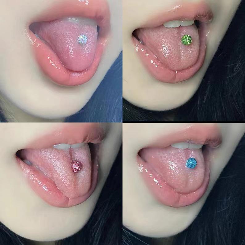 Titanium Shamballa Diamond Ball Tongue Stud with Polymer Clay Diamond Inlay - 14G Body Piercing Jewelry