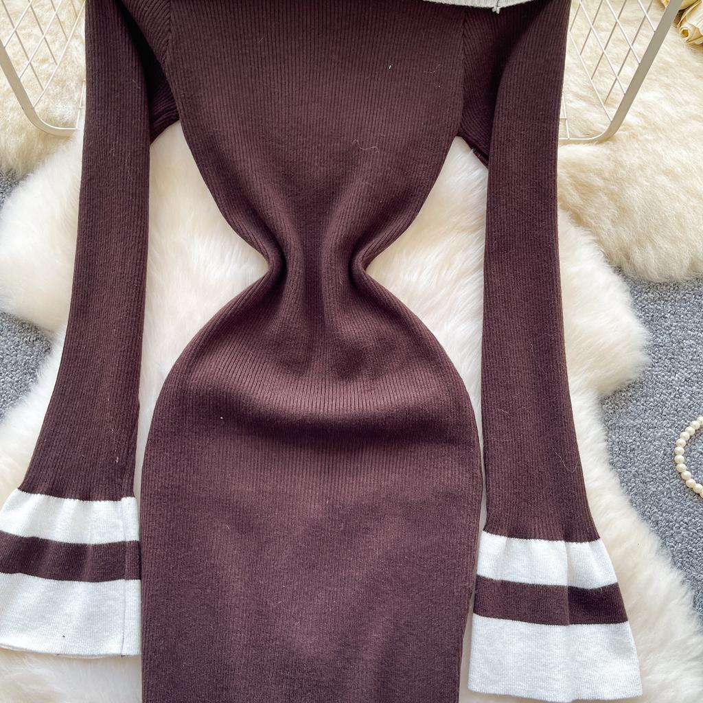 Kobiety Sukienka Bodycon z Odkrytymi Ramionami Jesień Długi Rękaw Metalowy Guzik Odzież Robocza Damska Dzianinowa Sukienka Mini w Bloki Kolorów Sexy