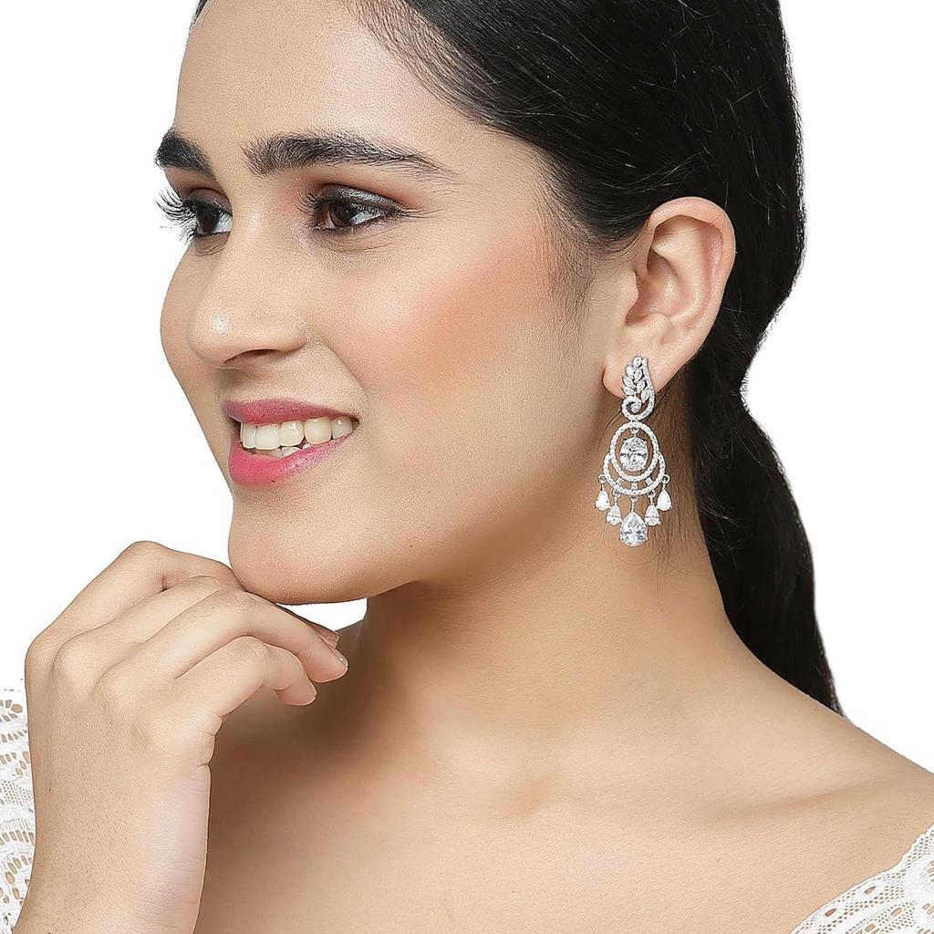 Rhodium-Plated American Diamond Studded Oval & Leaf Shaped Drop Earrings For Girls and Women
