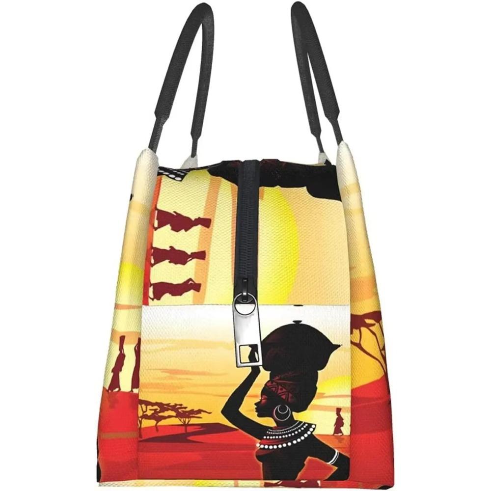 Portable Insulated Lunch Bag African Women Desert Painting Waterproof Tote Bento Bag for Office School Hiking Beach Picnic