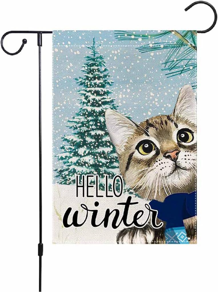 Happy winter Cat Garden ag 18x12 Inch Vertical Double Sided New Year Decorations Buffalo Burlap Welcome New Year Cat Yard EEZ
