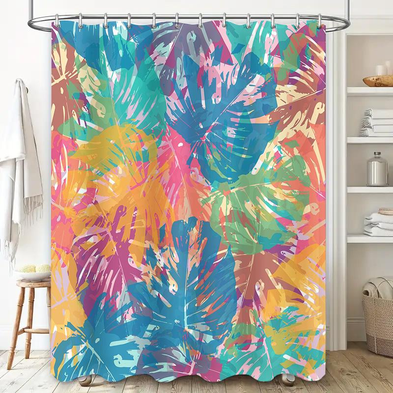 Vibrant Palm Leaf Shower Curtain for Bathroom Decor Waterproof Fabric with Hooks, Available in Multiple Sizes